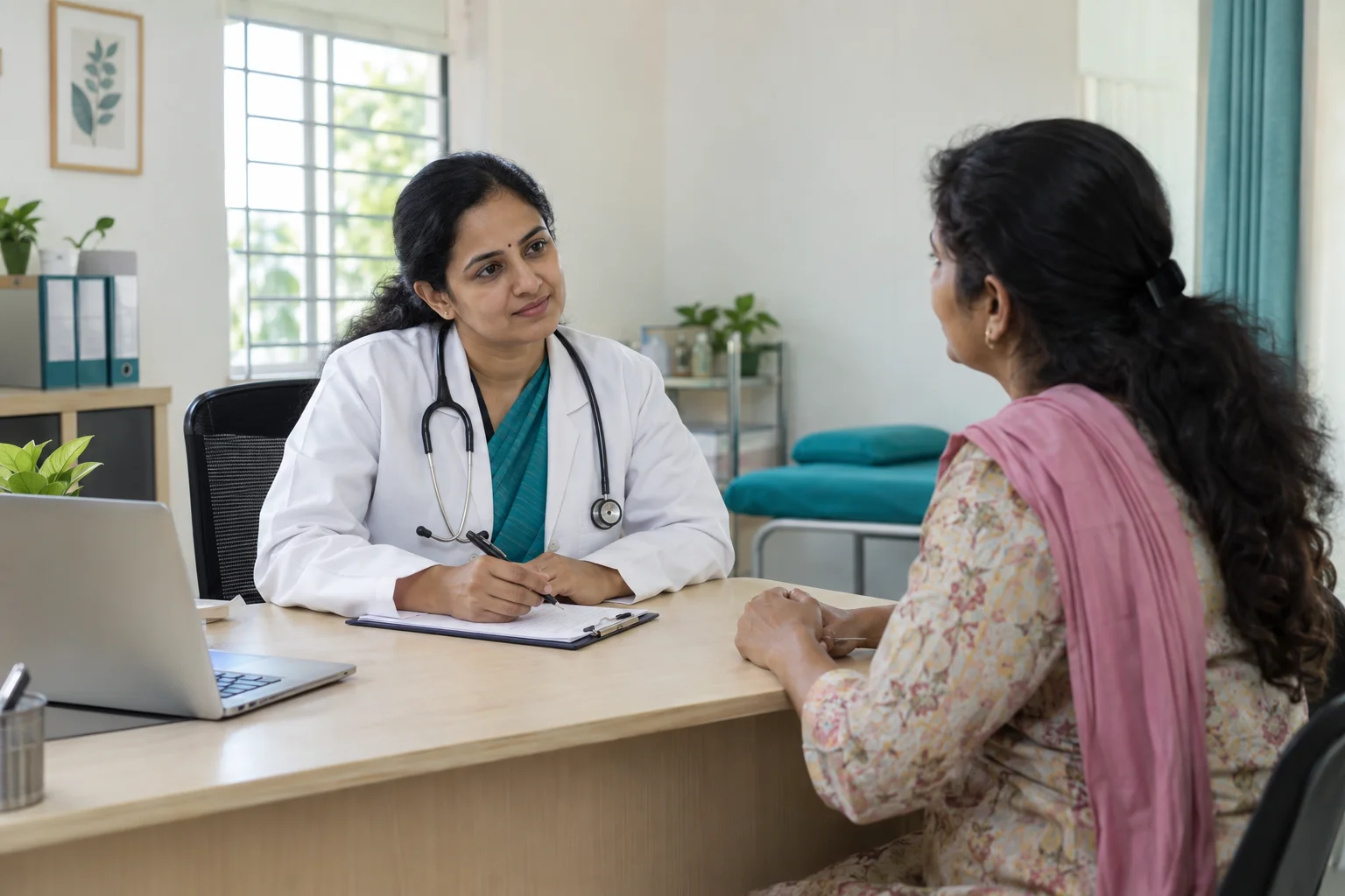 Illustrative image of a doctor listening to a patient in a bright consultation room
